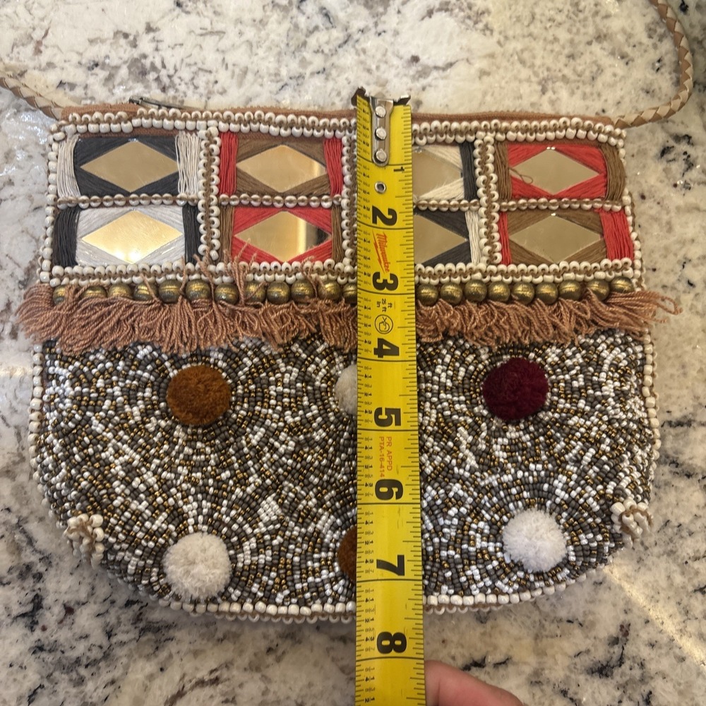 Revolve Riyaz Shashi Tribal Beaded Mirror‎ Fringe Crossbody Shoulder Bag Boho - Picture 13 of 16